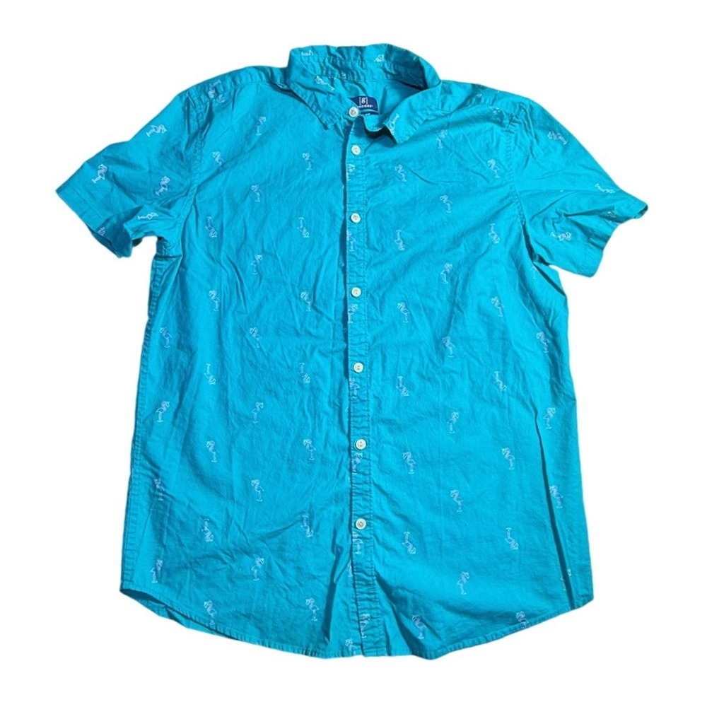 George Mens Slim Fit Flamingo Print Short Sleeve Button Up Shirt Blue Large-2256